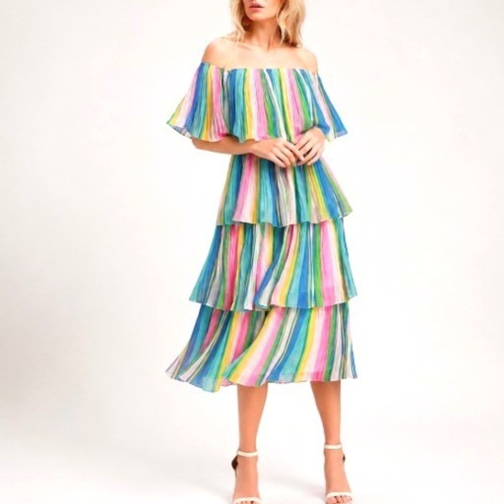 Lulus Gala Ready Multicolor Stripe Layer Ruffle Off Shoulder Carnival Dress S